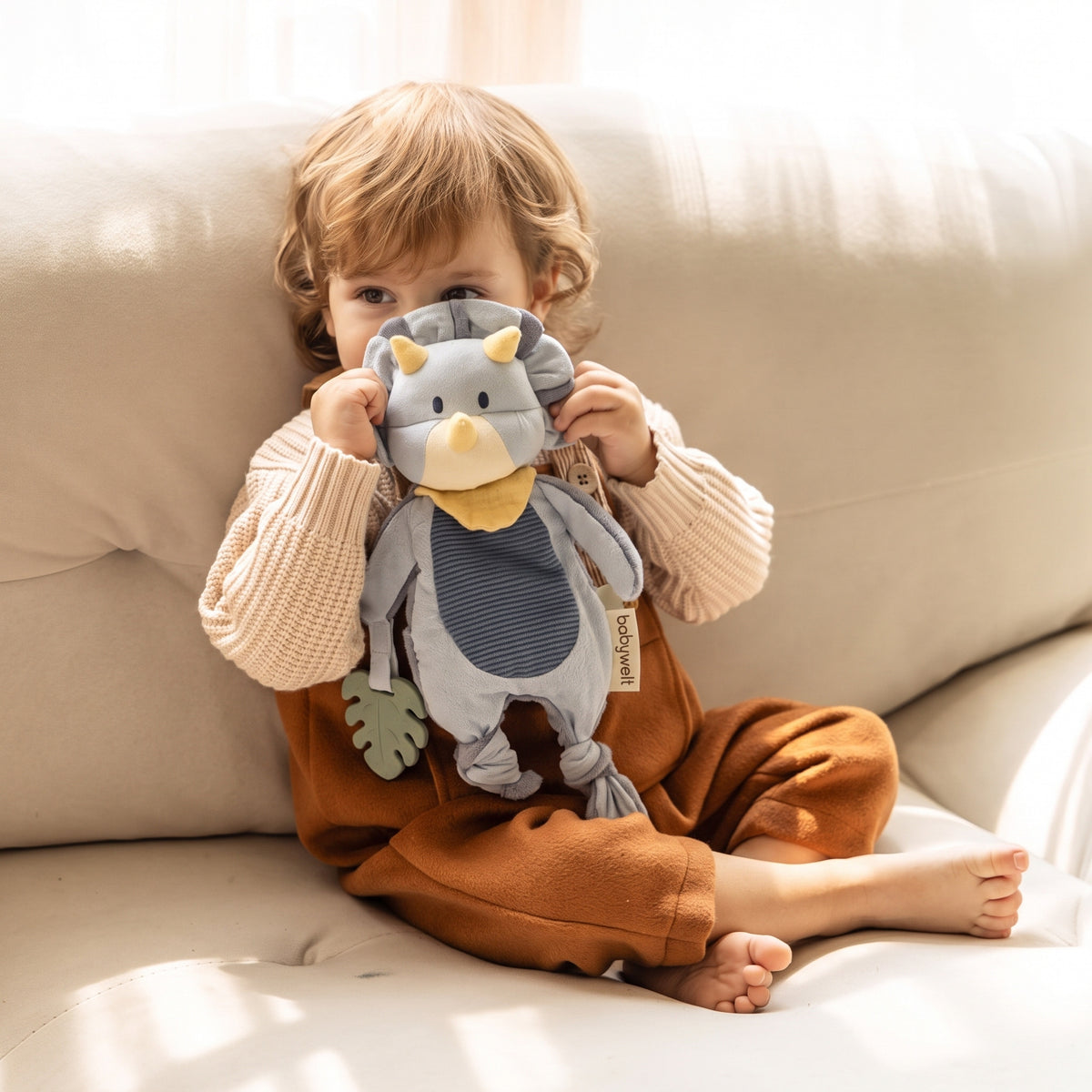 Doudou Dino - Bimbo che lo tiene davanti al viso