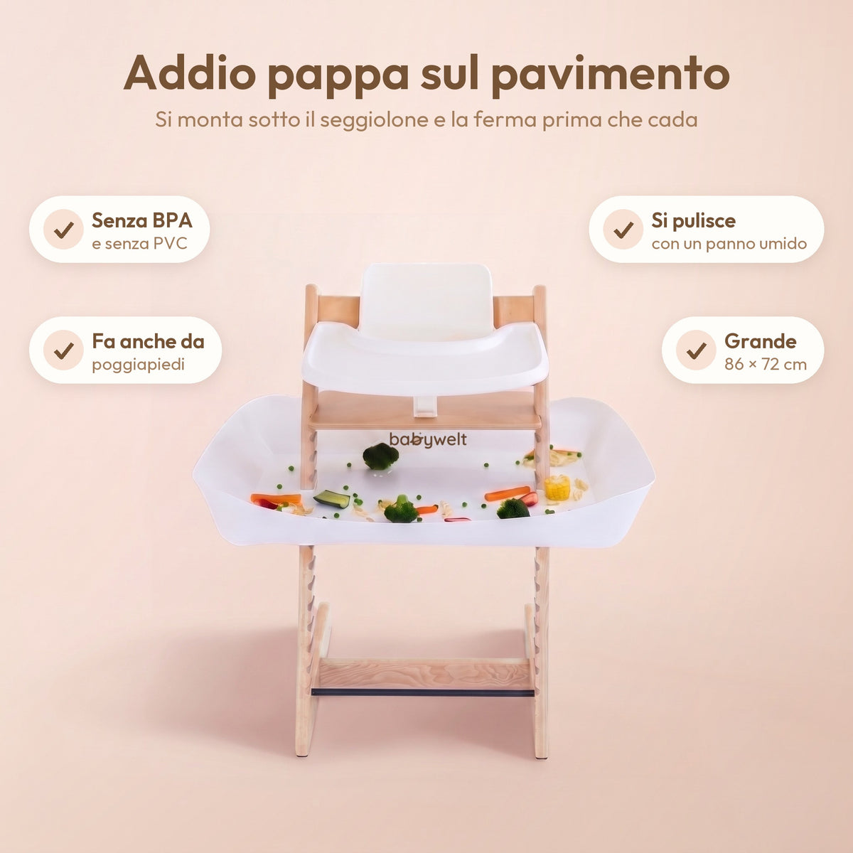 Raccogli-pappa per seggiolone: addio pappa sul pavimento, senza BPA e PVC, si pulisce con un panno, fa da poggiapiedi