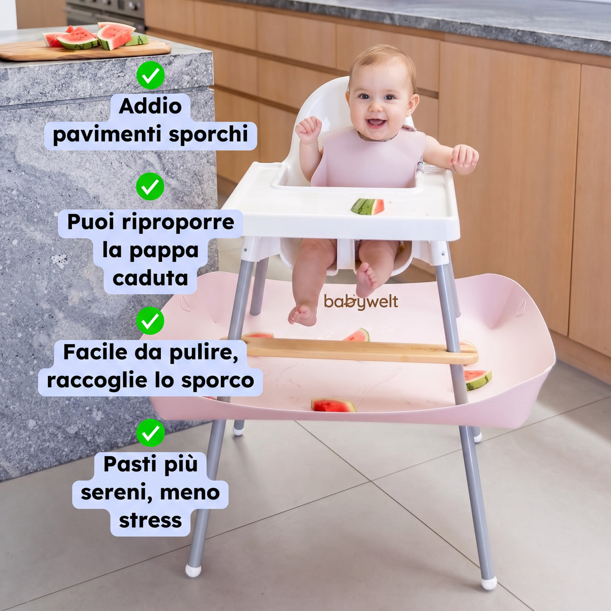 Raccogli-pappa per seggiolone - I vantaggi: addio pavimenti sporchi, pappa da riproporre, facile da pulire