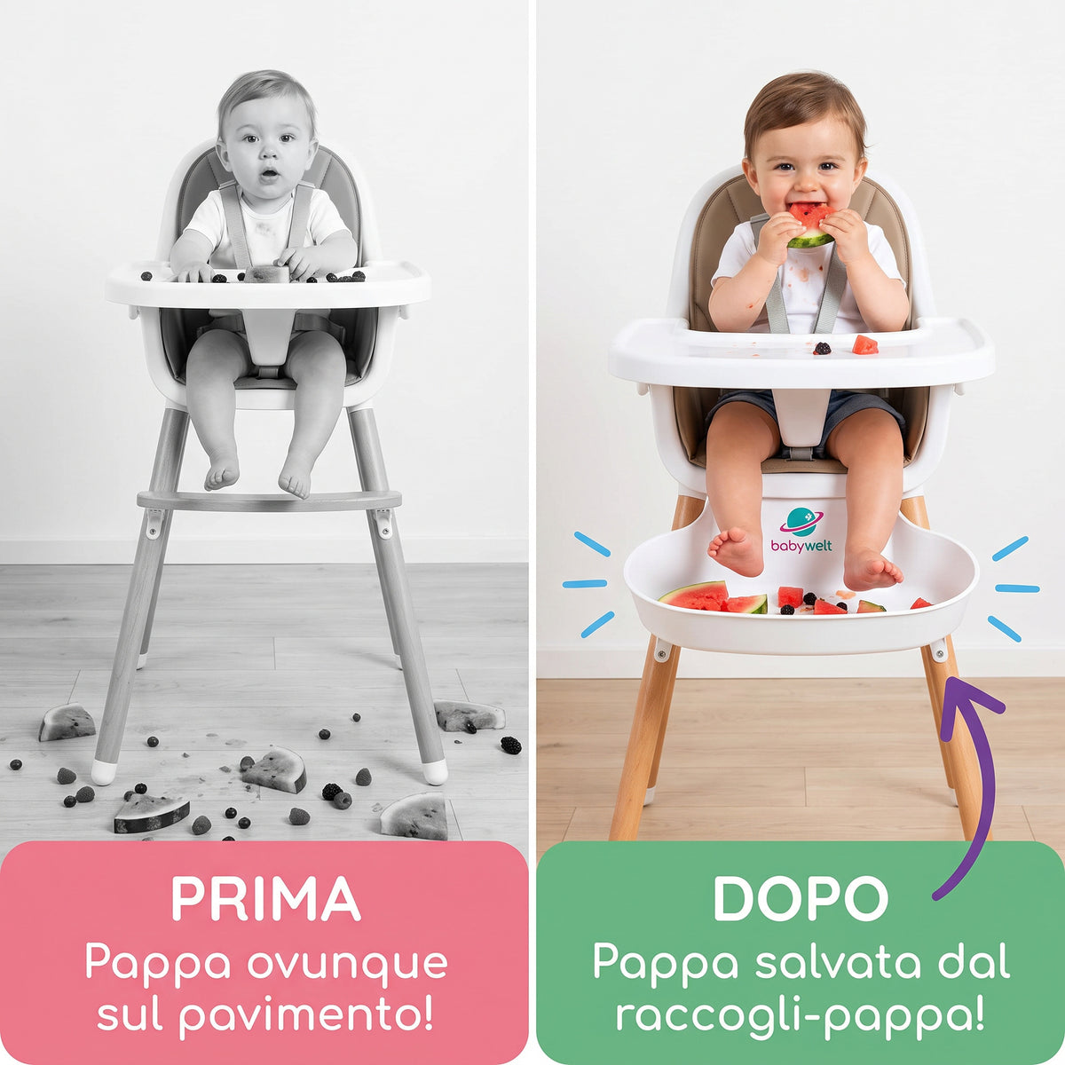 Raccogli-pappa per seggiolone - Prima e dopo: pappa per terra e pappa raccolta