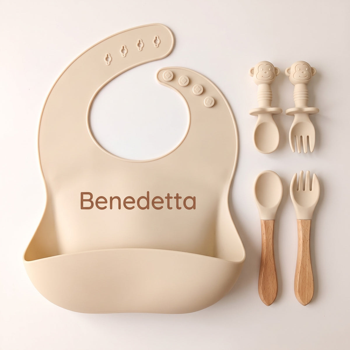 Set pappa per lo svezzamento Croissant/Avorio - Bavaglino col nome e posate