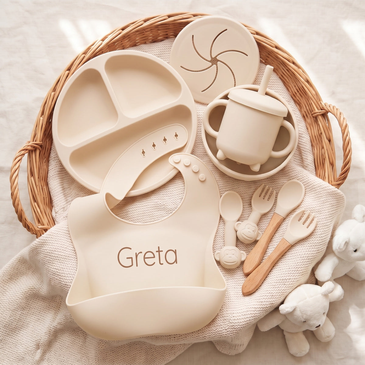 Set pappa per lo svezzamento Croissant/Avorio - Set nella cesta col bavaglino col nome