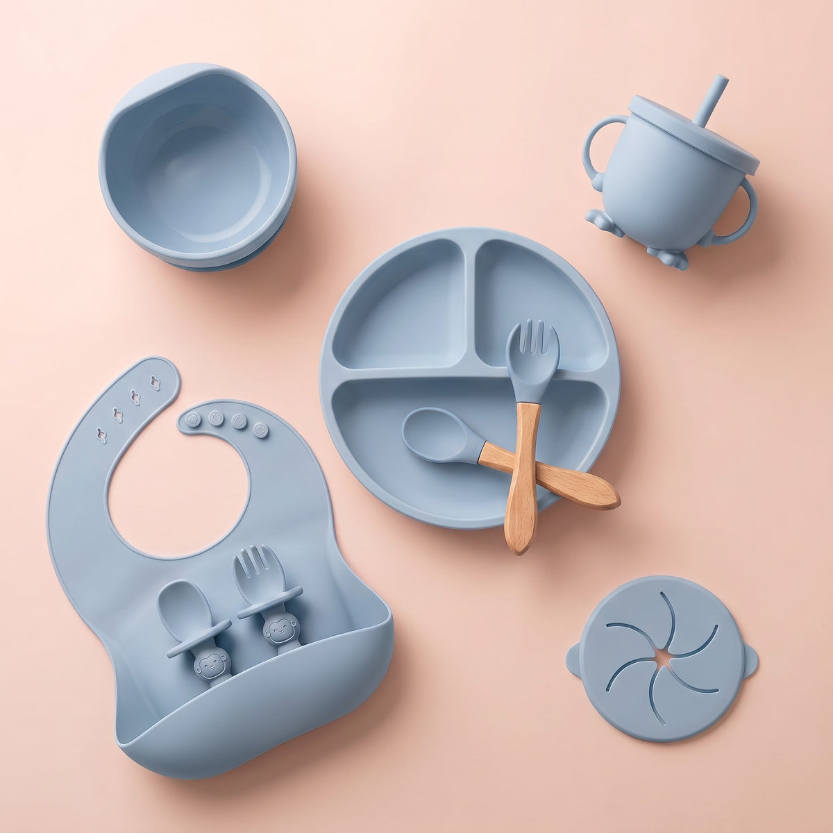 Set pappa per lo svezzamento Etere/Azzurro cielo - Set completo dall'alto, su fondo rosa