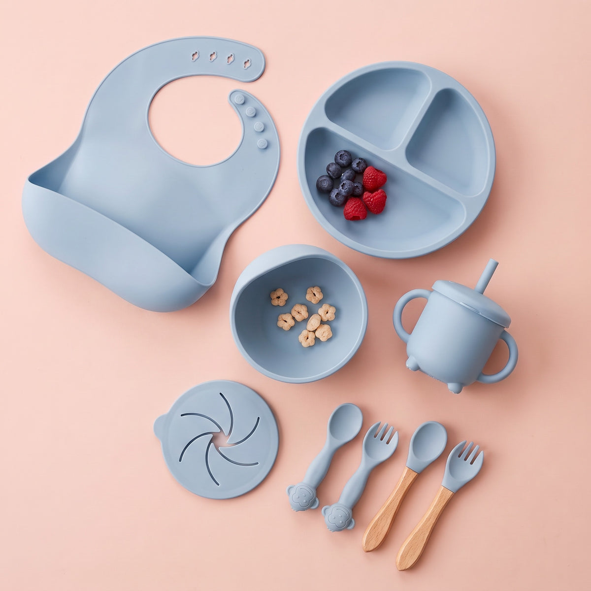 Set pappa per lo svezzamento Etere/Azzurro cielo - Set completo dall'alto coi frutti di bosco