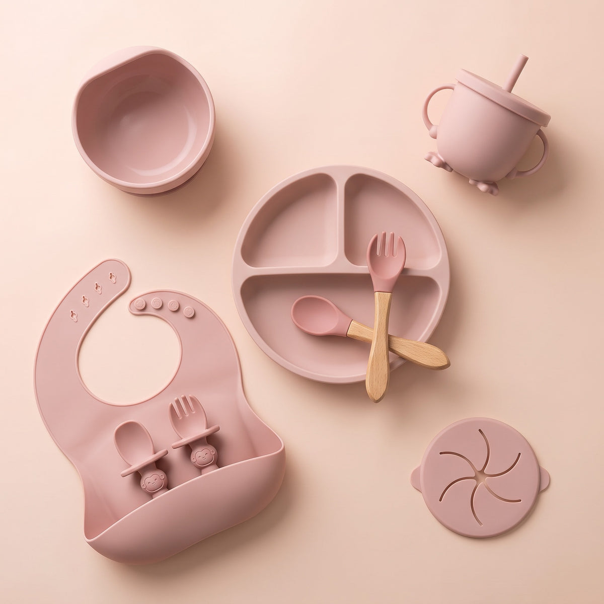 Set pappa per lo svezzamento Rosa cipria/Polvere - Set completo dall'alto, su fondo rosa
