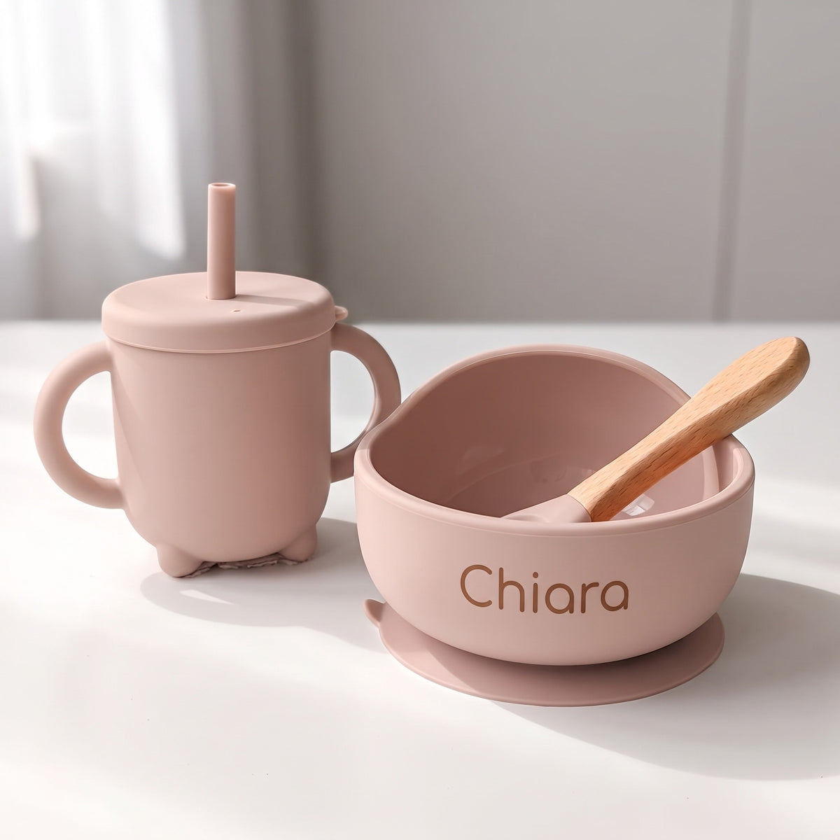 Set pappa per lo svezzamento Rosa cipria/Polvere - Bicchiere e ciotola col nome inciso