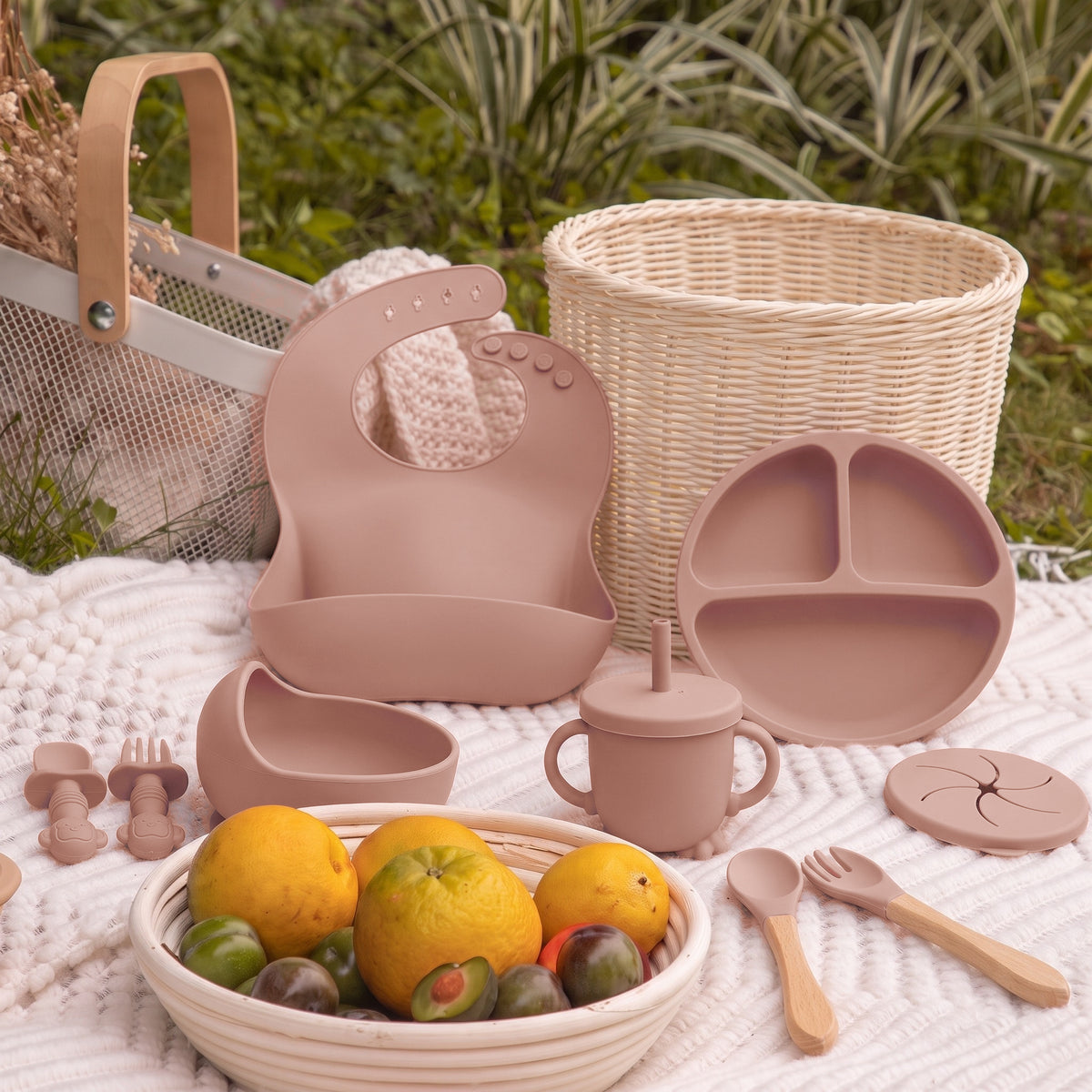 Set pappa per lo svezzamento Rosa cipria/Polvere - Picnic col set e la frutta