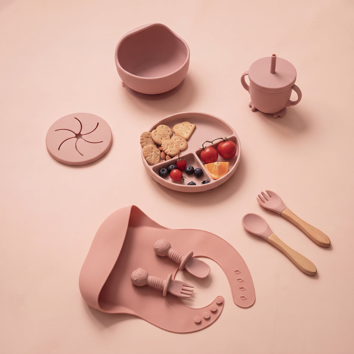 Set pappa per lo svezzamento Rosa cipria/Polvere - Set apparecchiato con la merenda, vista dall'alto