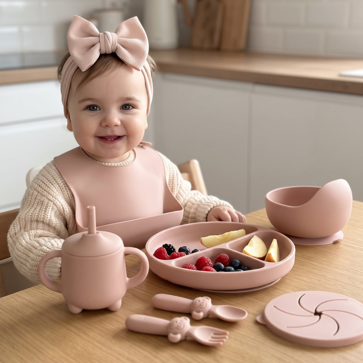 Set pappa per lo svezzamento Rosa cipria/Polvere - Bimba a tavola col set e la frutta