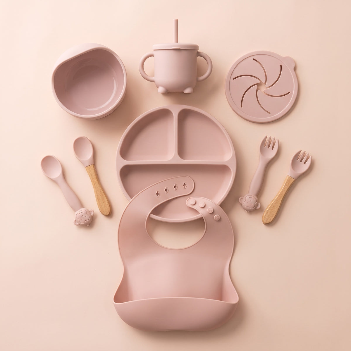 Set pappa per lo svezzamento Rosa cipria/Polvere - Set completo dall'alto, seconda composizione