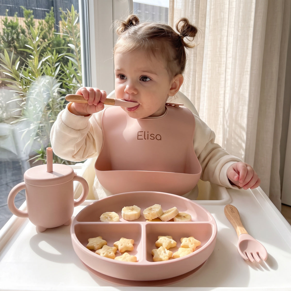Set pappa per lo svezzamento Rosa cipria/Polvere - Bimba che mangia da sola col cucchiaio