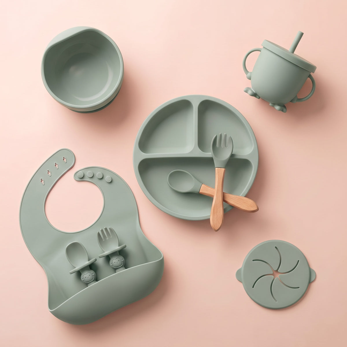 Set pappa per lo svezzamento Salvia/Menta - Set completo dall'alto, su fondo rosa