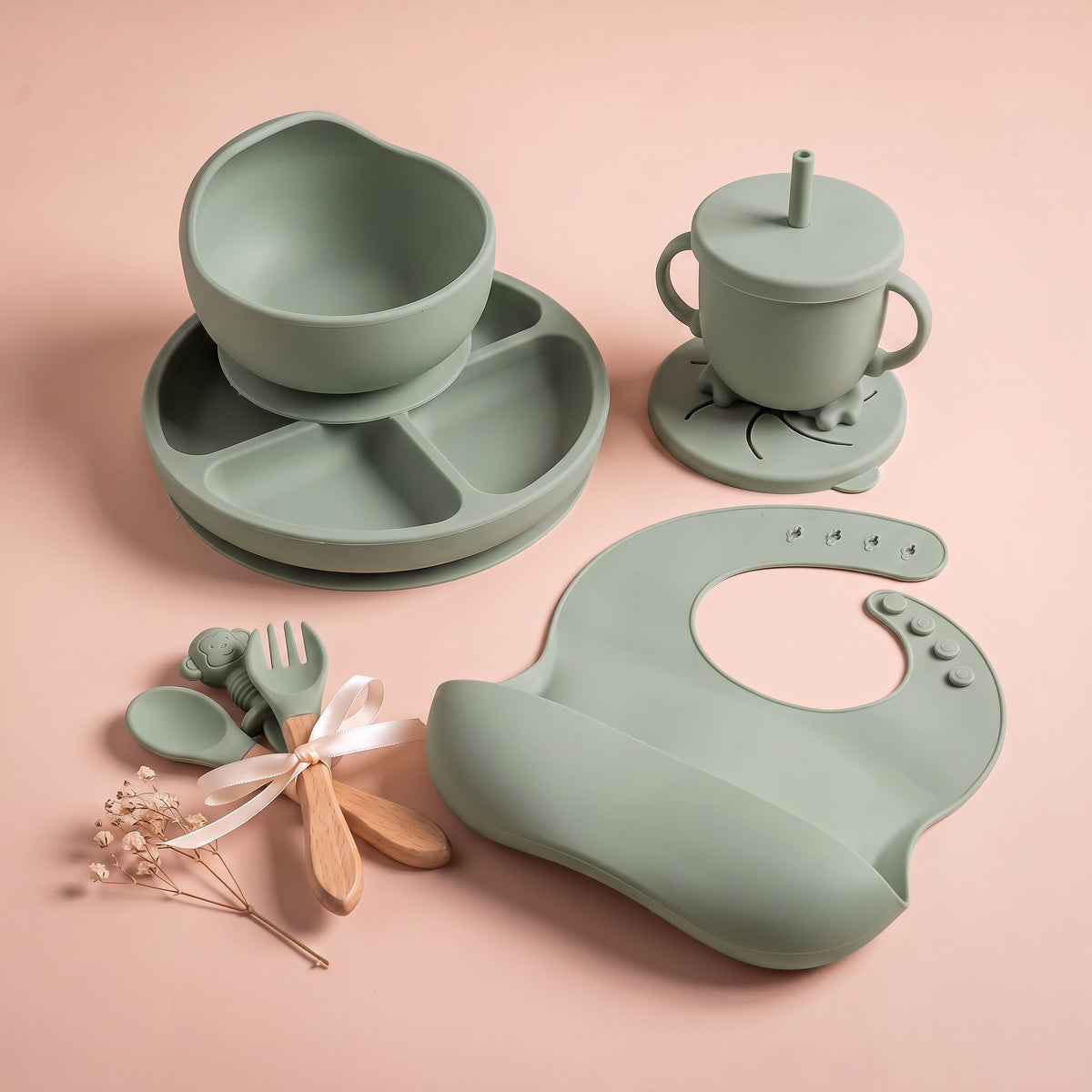 Set pappa per lo svezzamento Salvia/Menta - Composizione del set su fondo rosa