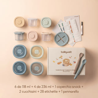 Contenitori per la pappa in silicone – 6 da 118 ml + 4 da 236 ml + 2 cucchiaini / No